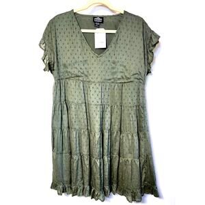 Angie Green Midi Tiered Ruffle Boho Dress - Short Flare Sleeves, Size L, NWT